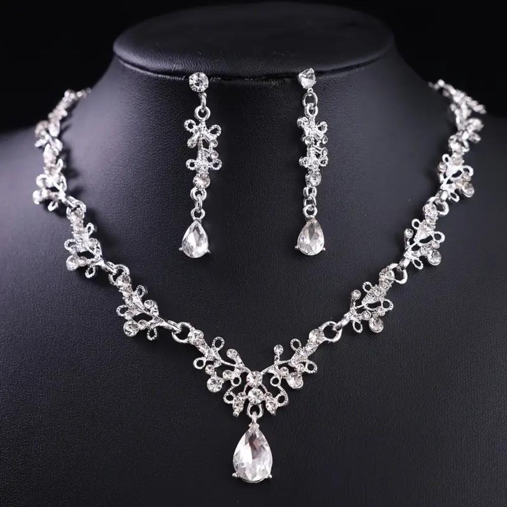 3 Pcs Hair Ornaments Bride Jewelry Sets Metal Necklace Earrings and Crown Sets  Women