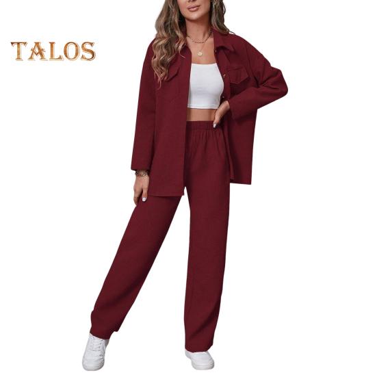 2 Pcs/Set Fall Spring Women Shirt Pants Set Long Sleeves Lapel Button-down Blouse with Chest Pocket Elastic Waist Trousers OL Commuting Sport