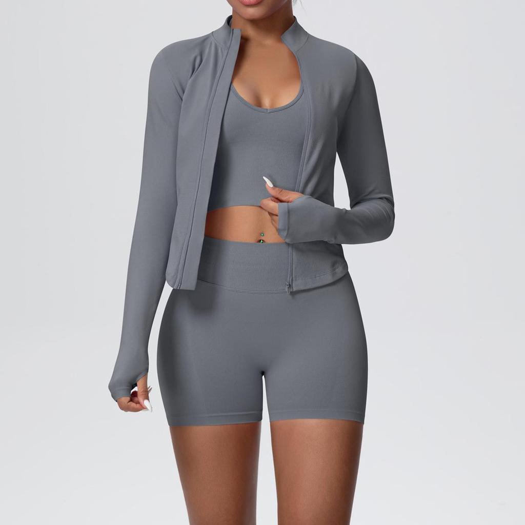 Women's European & American Sports Casual Three-Piece Set: Knitted Long Sleeve Zipper Jacket, Sports Vest, & Shorts Fitness Wear.