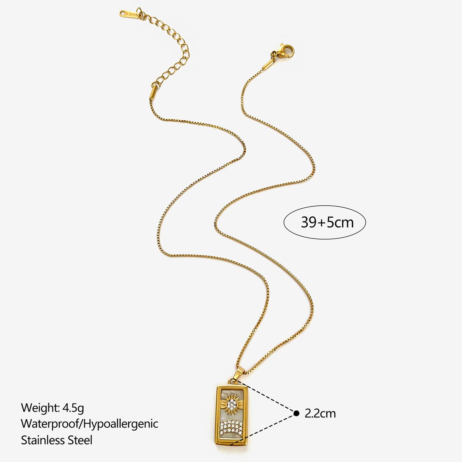 

GHIDBK Fashion Sparkling Rhinestone Natural Mother of Pearl Square Tarot Card Pendant Necklace for Women Stainless Steel Zircon