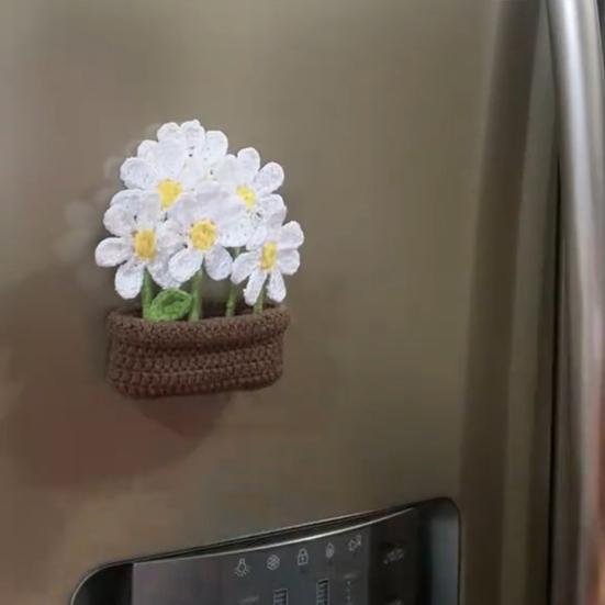 Crochet Potted Flower Fridge Magnet DIY Home Office Kitchen Locker Fridge Knitting Potted White Flower Magnetic Decoration Ornament