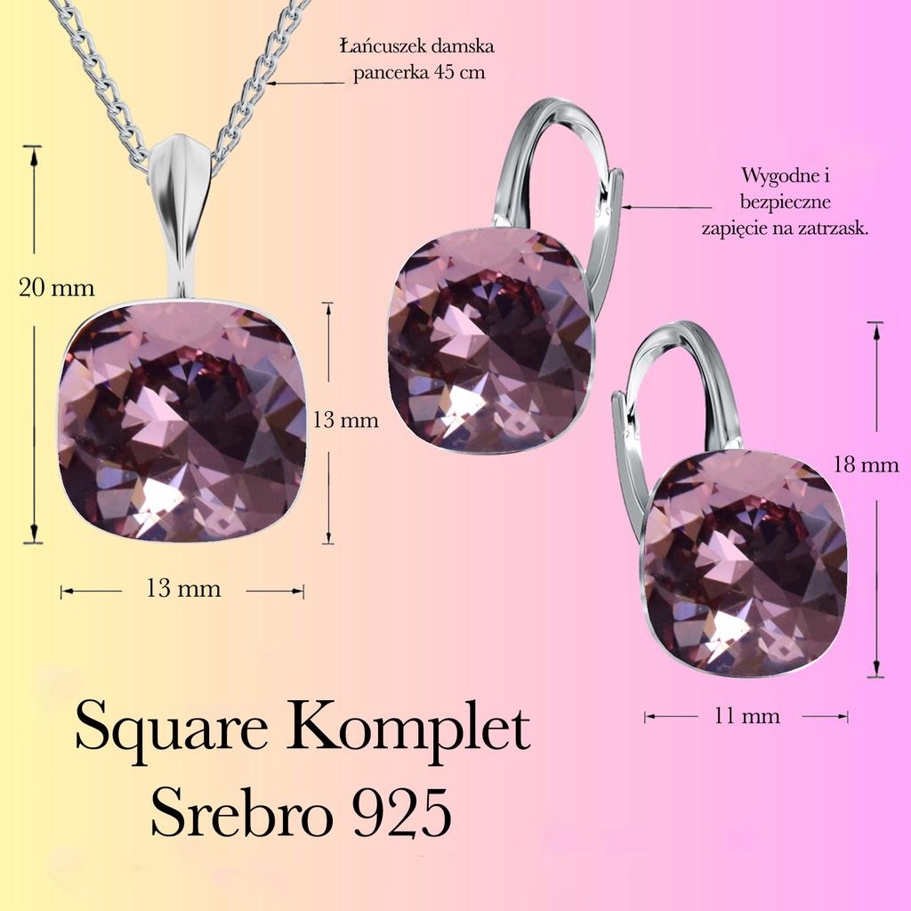 Srebrny komplet square kolczyki naszyjnik prezent na urodziny gwiazdkę - srebro 925 - antique pink