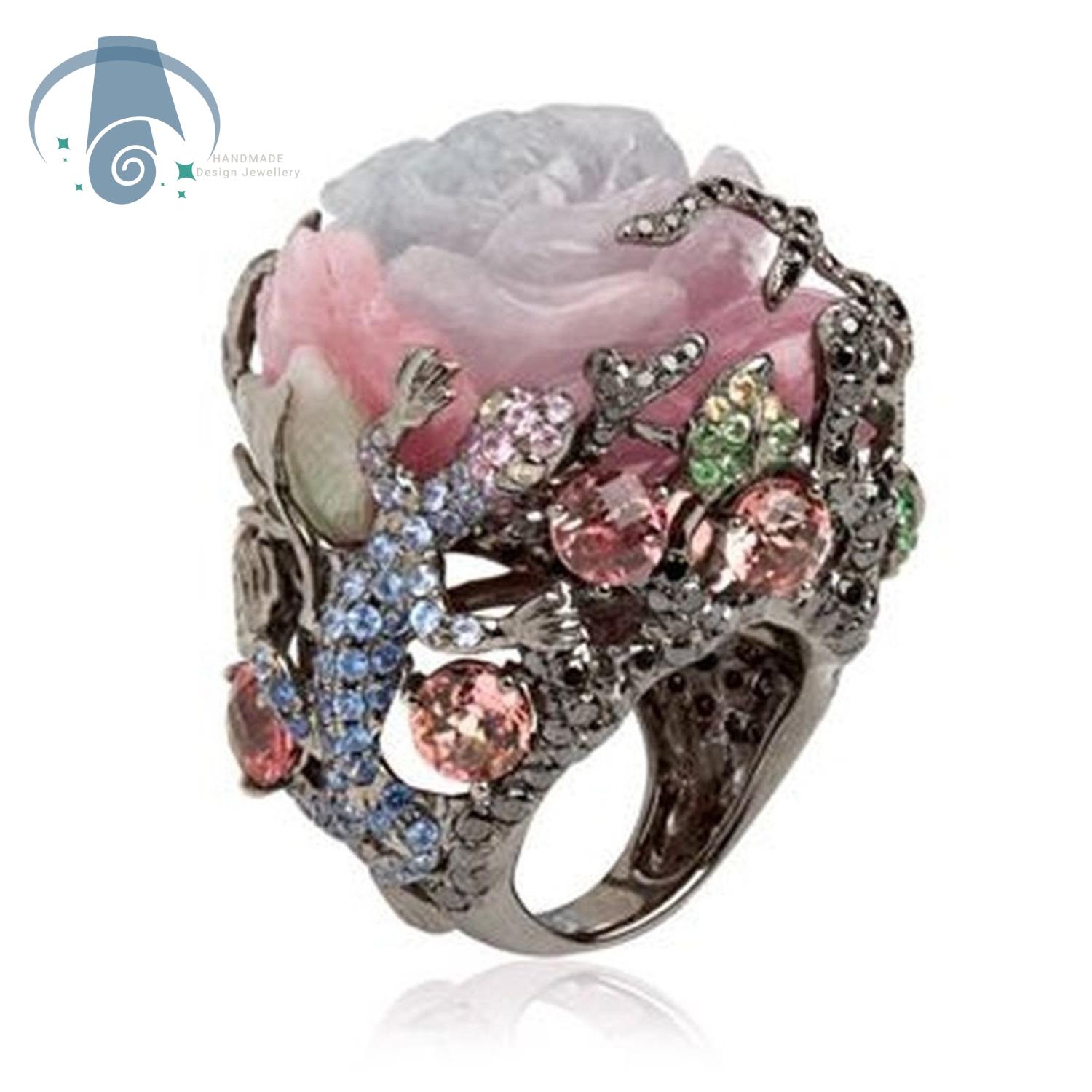 Schwarzgold Pfingstrosenblüten-Eidechsenring für Damen Geschnitzter Natur-Statement-Schmuck Vintage Gothic Täglicher Party-Schmuck Einzigartiges Geschenk 8 gray