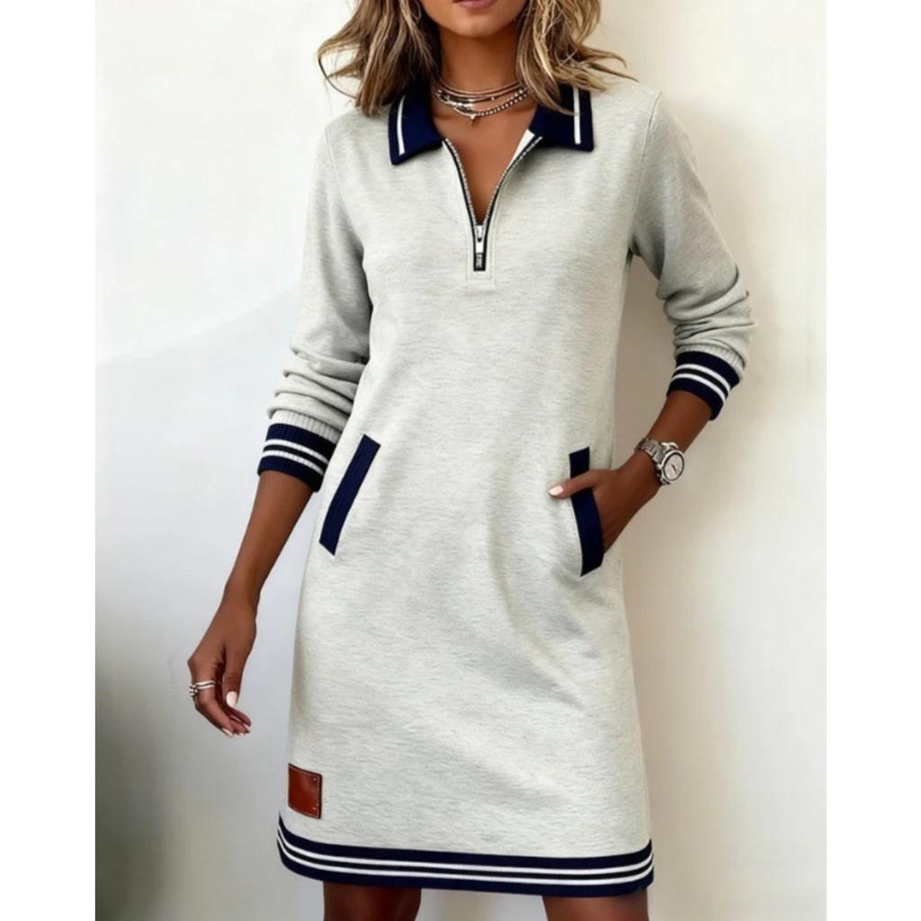 Fall Winter Women's Casual Color Block Dress Zip Collar Long Sleeve Pockets Dress European American Style