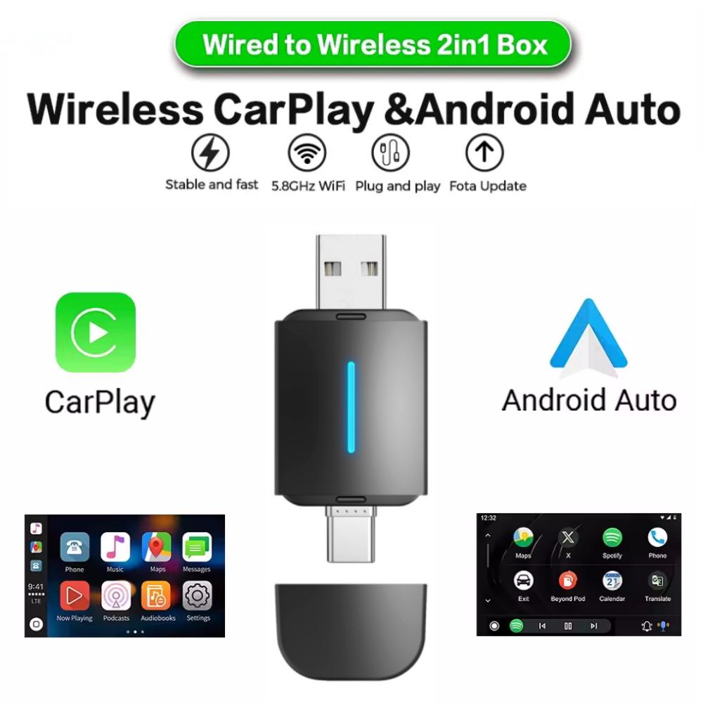 LEXXSON Bezprzewodowy adapter z podwójnym interfejsem CarPlay Android Auto Bezprzewodowy USB TYPU C Smart Mini Box Plug Szybkie Połączenie Uniwersalny