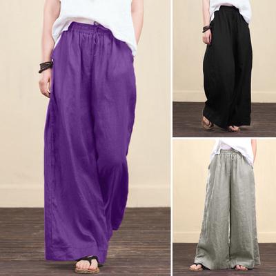 Oversized Women Casual Solid Elastic Waist Wide Leg Pants Loose Long Flare Trousers