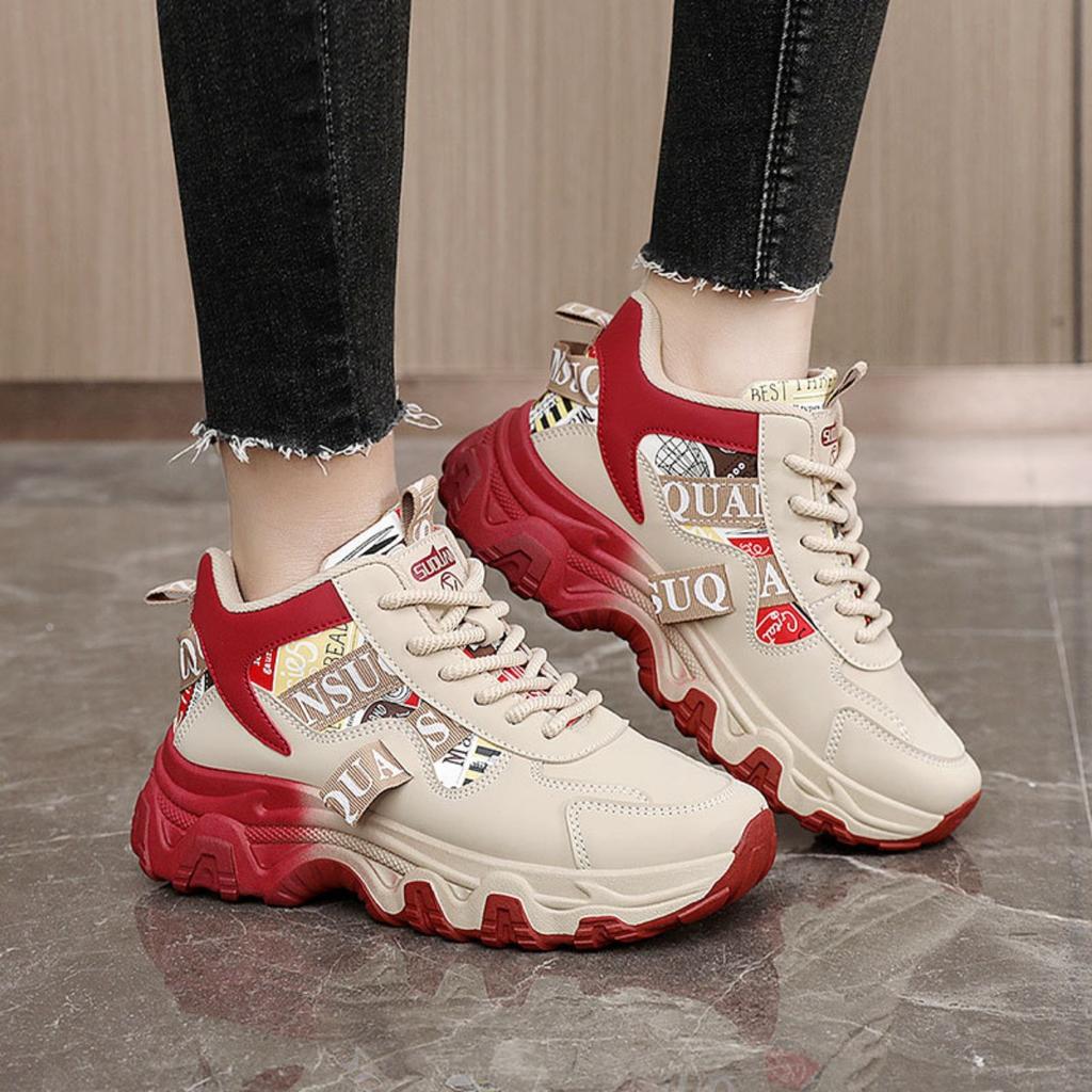 Damen Plateau-Sportschuhe mit dicker Sohle - High-Top Schnürschuhe, Leichte Schuhe mit dicker Sohle für Outdoor-Freizeit und Büro-Alltag, Dad Shoes