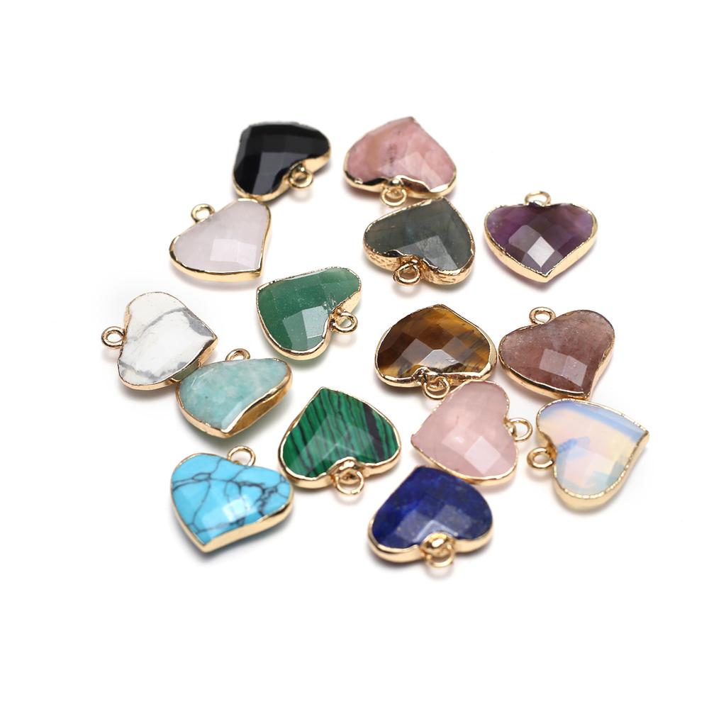 3Pcs, Heart Crystal Pendant with Golden Edging, Faceted Natural Stone Lapis Lazuli Malachite Turquoise Charms for Jewelry Making DIY Crafts 18×18mm