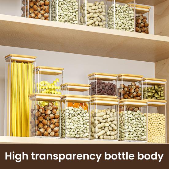 Sealed Grain Container Airtight Storage Container with Wooden Lid Transparent Food Canister for Dry Goods Snacks Tea Leaves Beans Kitchen Pantry