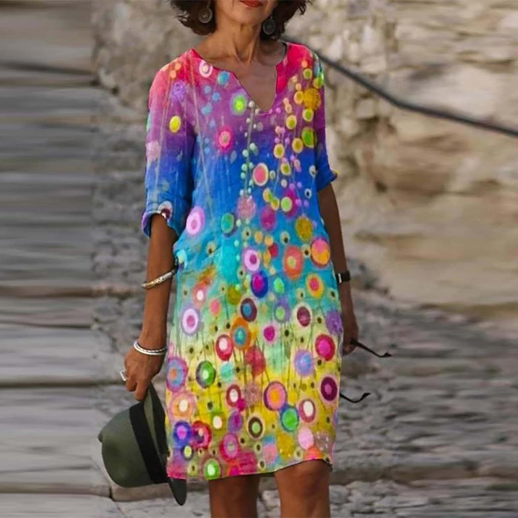 Women Summer V-neck Folk-custom Plus Size Print Loose Mid-sleeve Dress