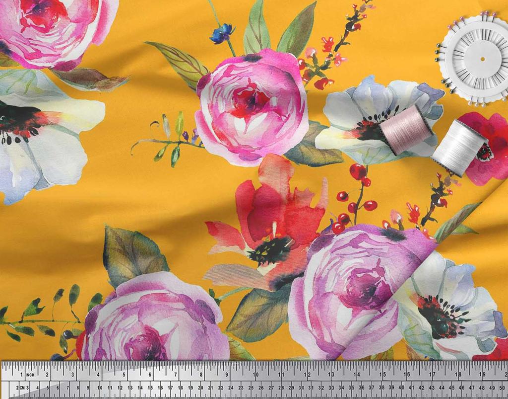 Soimoi Japan Crepe Satin Fabric Leaves,Poppy & Peony Flower Decor Fabric Printed Metre 42 Inch