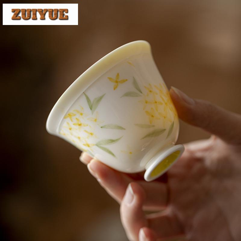 100ml White Porcelain Pure Hand Painted Osmanthus Lid Bowl Creative Handmade Ceramic Tea Bowl  Kung Fu Tea Set Tea Art Supplies