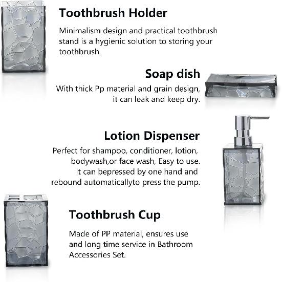 Bathroom Accessories Set 4-Piece Plastic Gift Set with Toothbrush Holder, Toothbrush Cup, Soap Dispenser, Soap Dish(Gray)