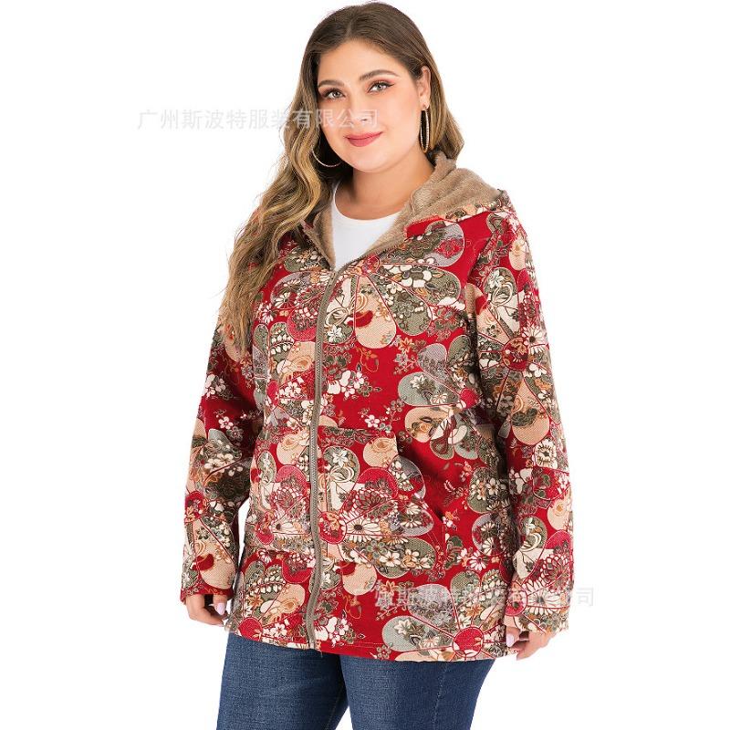 Women Casual Outwear Winter Warm Retro Printed Pockets Zipper Hooded Thicker Coat Plus Size