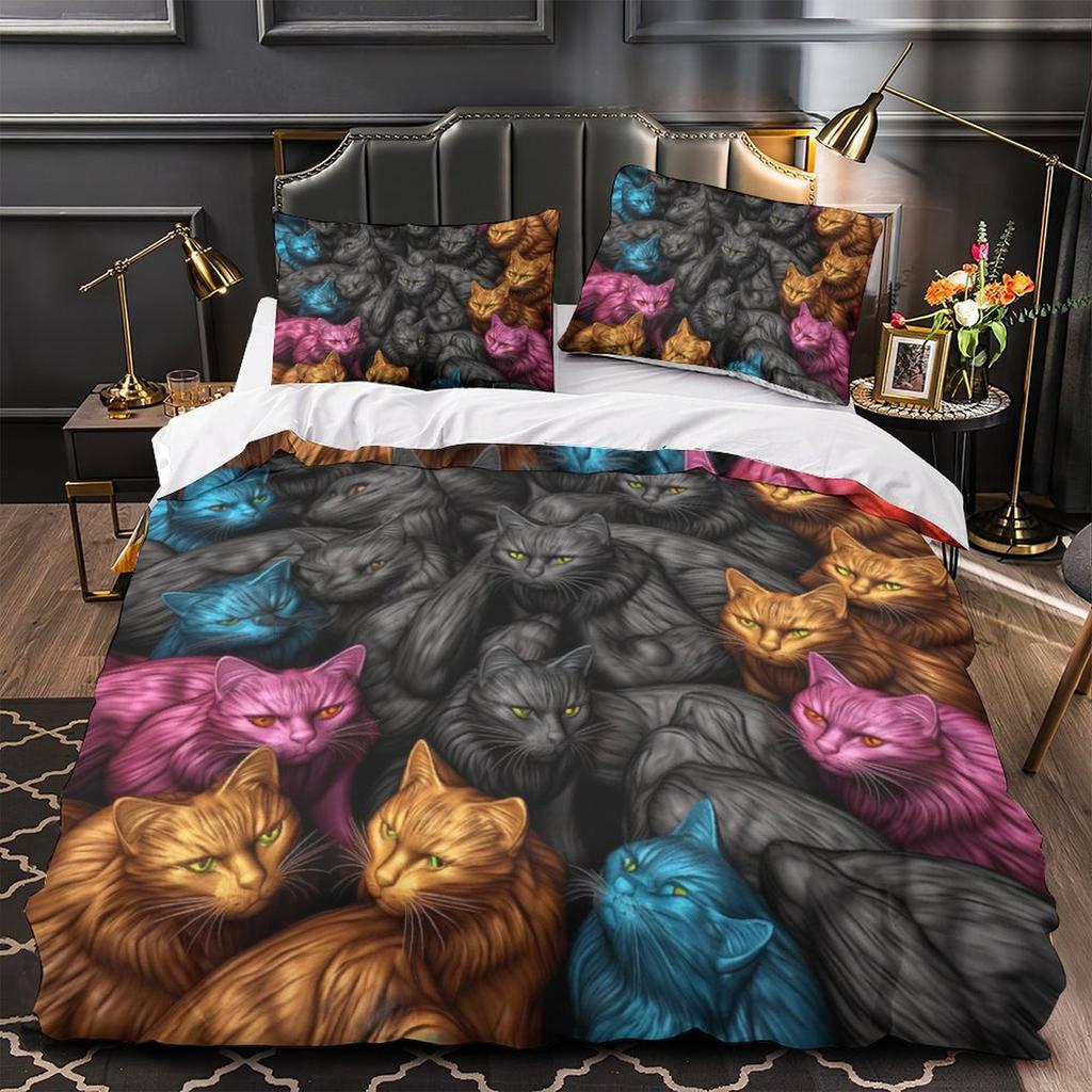 3D Digital Printing Color Cat Series Quilt Cover Pillowcase Two Or Three-Piece Set Polyester Abraded