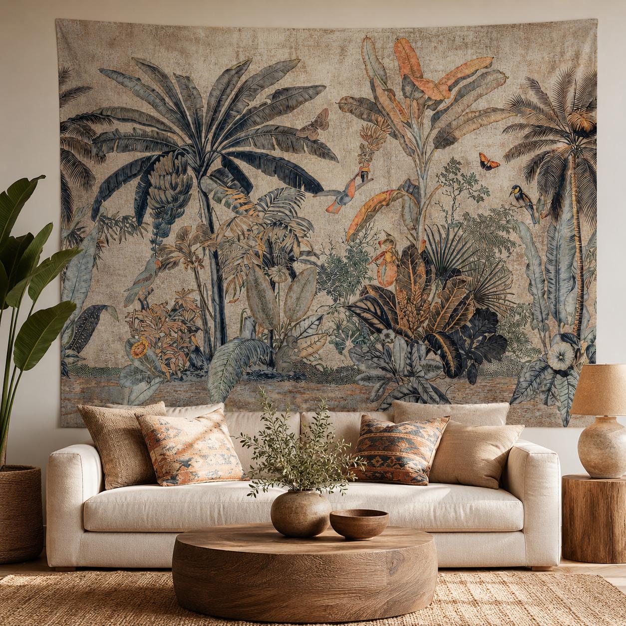 Vintage Tropischer Dschungel Wandteppich Palme Vogel Botanisches Wandbehang, Retro Regenwald Pflanze Wanddekor für Schlafzimmer Studentenwohnheim 150X200CM