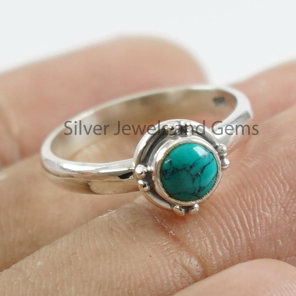 Round Turquoise Ring, Handmade Dainty Ring, 925 Sterling Silver Ring, Gift for Her, Designer Ring, December Birthstone