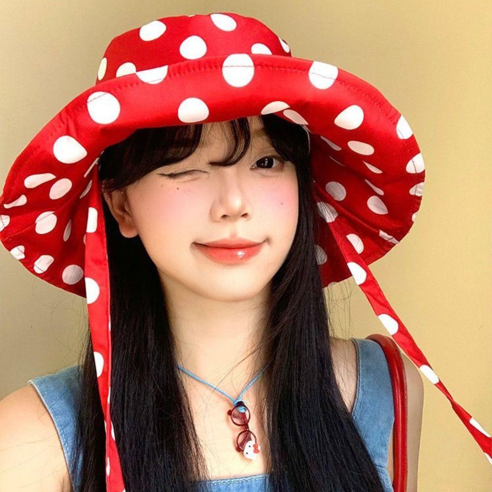 Polka Dot Ribbon Summer Sun Hat Lace Bucket Hat Fashion Sunshade Hat  Girl