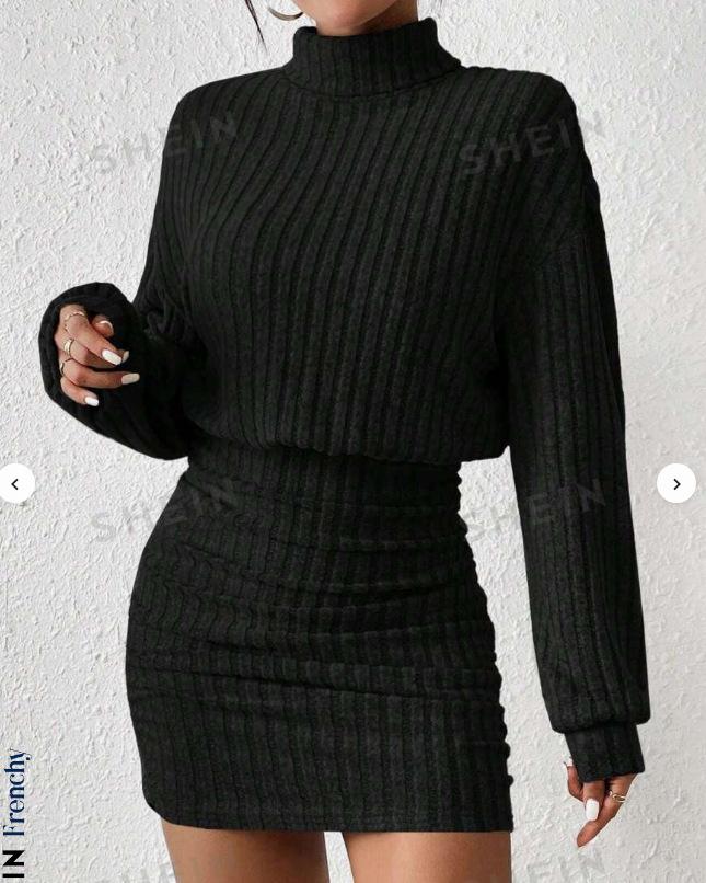 Women's Turtleneck Long Sleeve Mini Dress Bodycon Fit Mid Waist Elegant Solid Ribbed Knit Sweater Dress For Autumn Daily Wear