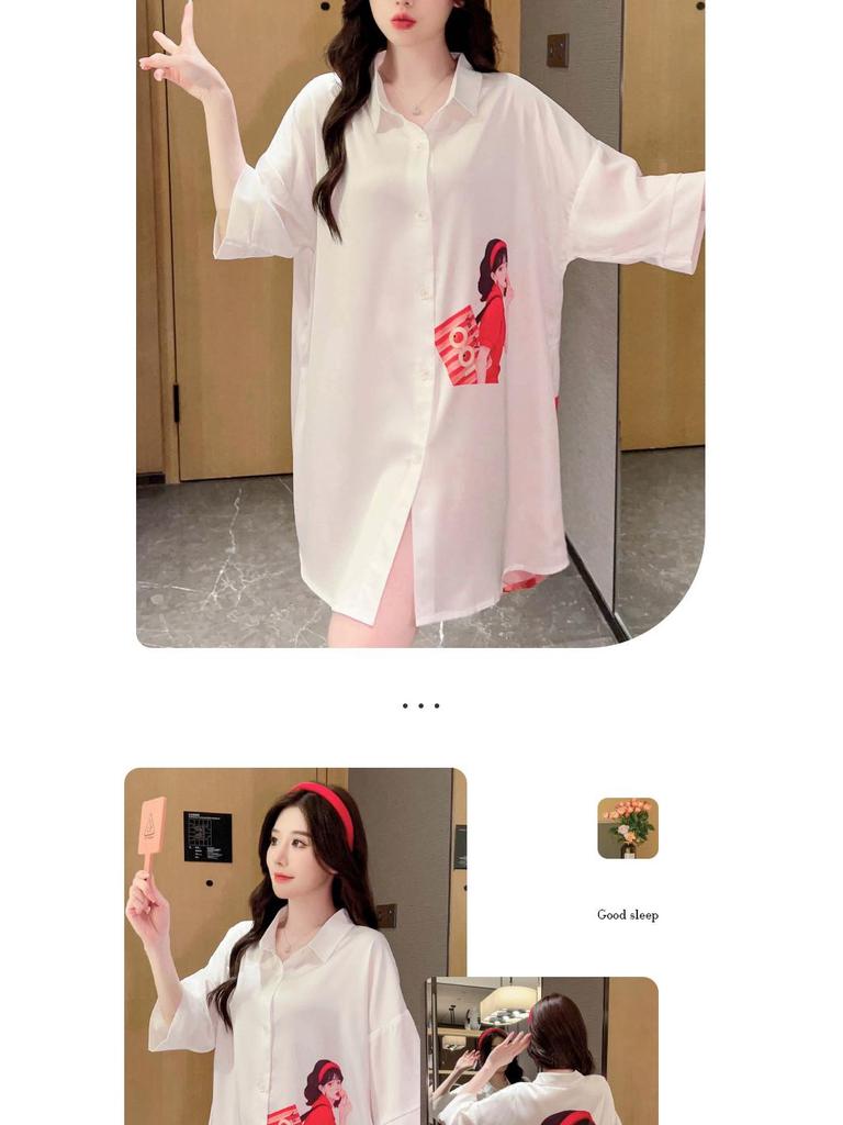 Japanese Ice Silk Red Print Nightdress - Sexy, Lightweight, Summer-Ready Pajamas for Women
