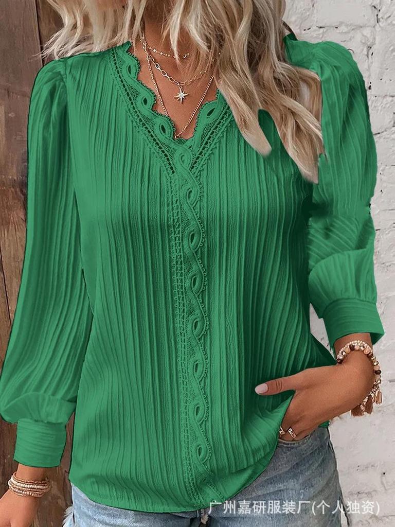 Women's V-Neck Long Sleeve Top with Lace Trim and Puff Sleeves