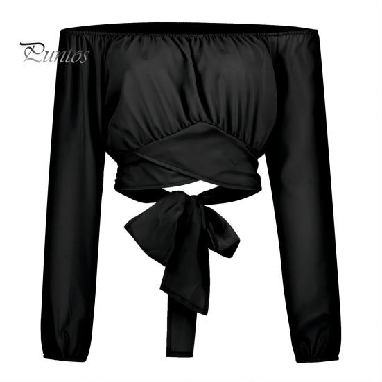 

Женские сексуальные укороченные топы с открытыми плечами, блузка с фонарем и длинными рукавами, однотонная свободная футболка на шнуровке с крестом, уличная одежда 2XL чёрный