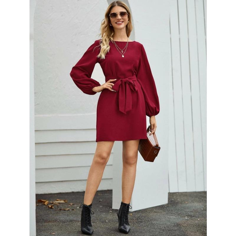 Spring and Autumn Women's Mid-length Long Pure Colour Temperament Commuting Thin Set Head High Waist Dress