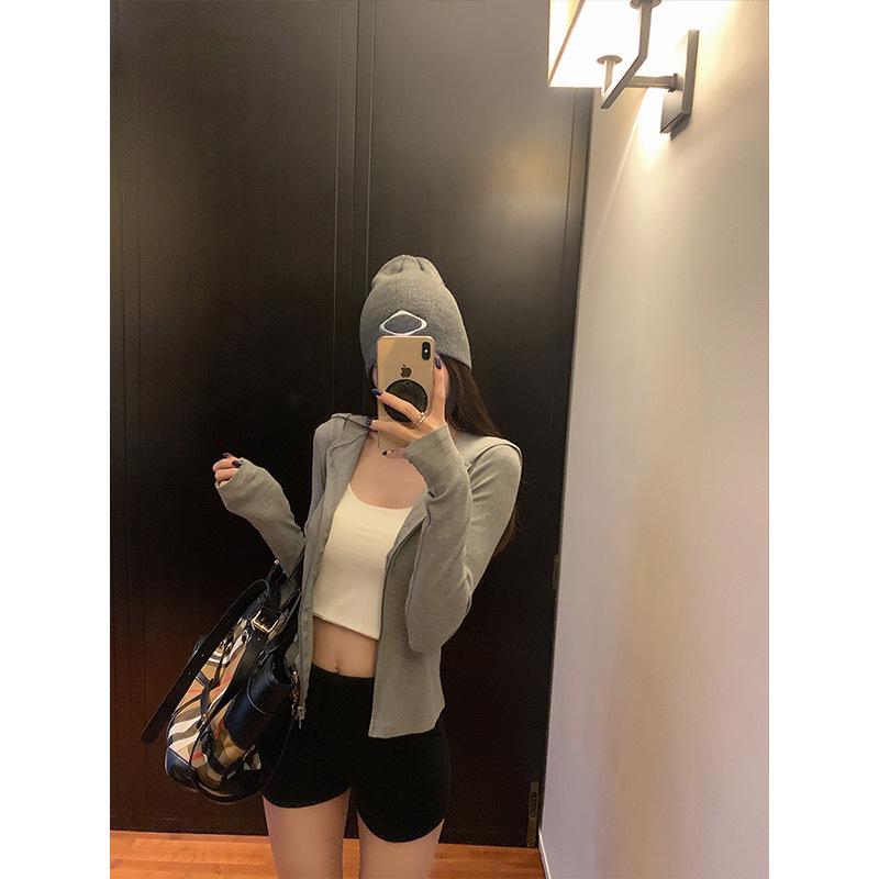 Korean Sweet & Spicy Women's Dark Blue Hooded Sweatshirt Jacket - Slim Fit, Double Zipper, Long Sleeve, Autumn Arrival