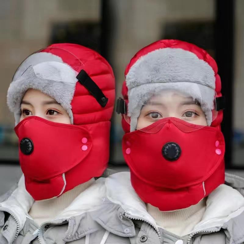 

Winter Fashionable Unisex Outdoor Windproof Earflap Face Protection Goggles Cold-Resistant Warm Cotton Hat One Size красный