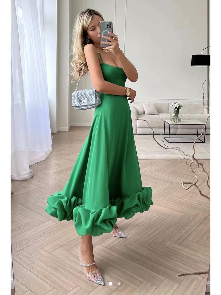 Women's Summer Pleated Suspender Dress - European & American Style Long Skirt