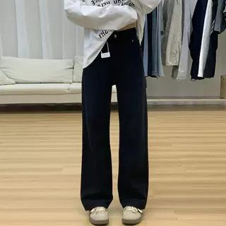 Women Fleece Lined Wide Leg Jeans High Waist Straight Pants Slimming Black Denim Trousers For Pear Shape Plus Size Winter Casual