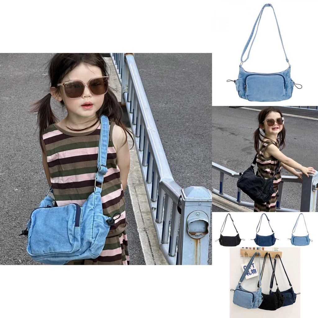 Stylish Korean Minimalist Denim Shoulder Bag For Kids In Blue Black And Dark Blue Colors