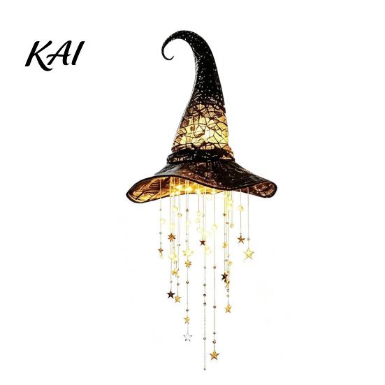 Indoor Halloween Hanging Ornaments Lighted Witch Hat Chime, LED Glowing Wizard with for Party Swinging Star Tassels, Outdoor Porch Ceiling Decorations