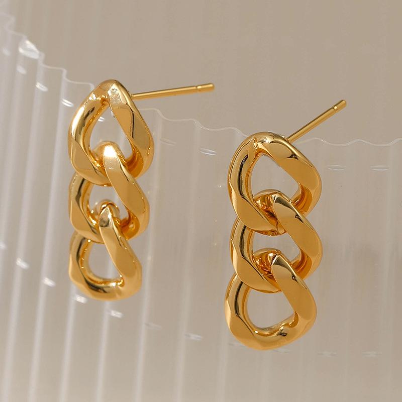 Women Fashion Minimalist 18k Gold Plated Geometric Chain Stud Earrings