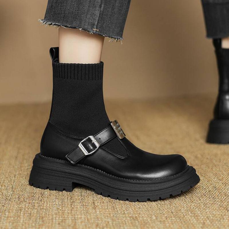 Autumn and winter women's medium heel thick-soled knight boots women's comfort sleeve medium boots leather women's boots Korean version large