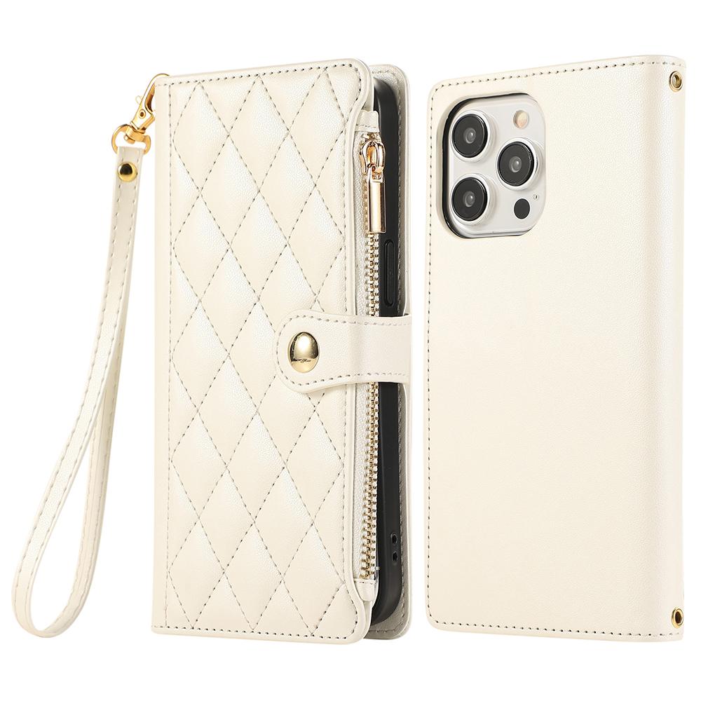 For iPhone 15 Pro Case Multi Card Slots Zipper Rhombus Leather Phone Cover with Wrist Strap