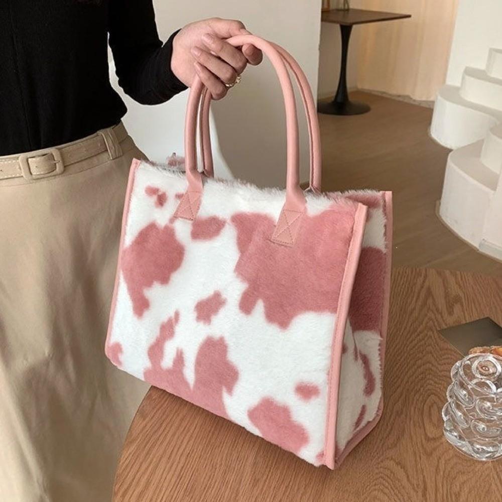 Versatile Soft Shopper Tote Cow Print Large Capacity Handbag New Plush Tote Bag Travel