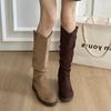 Autumn Winter Low Heel Women Western Cowboy Boots Fashion Soft Pleated Shoes Female Vintage Slip On Long Booties