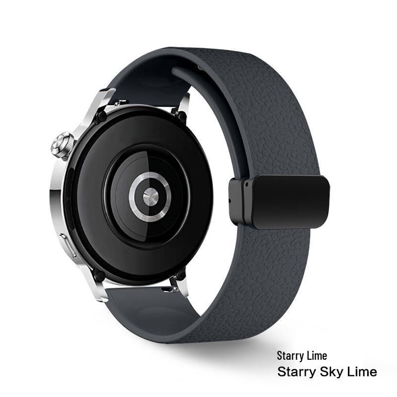 Magnetic Silicone Folding Buckle Watch Strap for Huawei GT5, Samsung 22/18mm with Lychee Pattern.