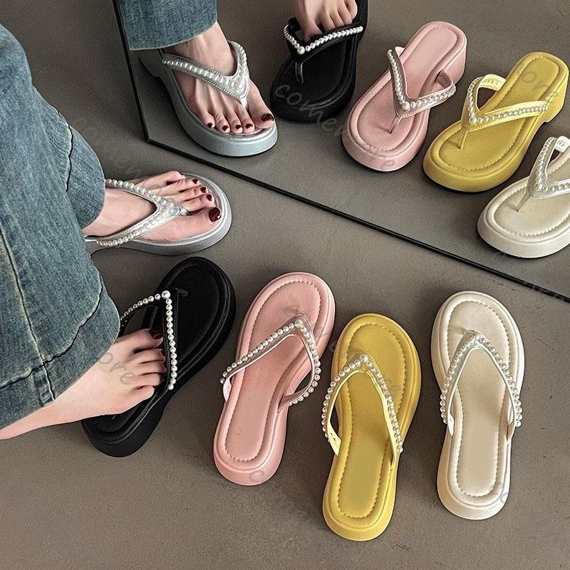 Comemore Summer Leisure New Pearl Slippers Outside Wear Thick Bottom Beach Girls Flip-flops Wedges High Heeled Slides for Women