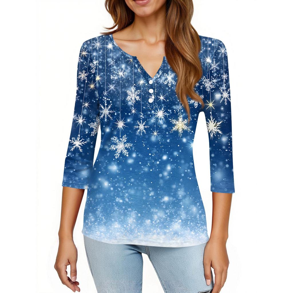 Damska koszulka z nadrukiem świątecznym, guzikami, rękawami 3/4, codzienna, weekendowa, modna, podstawowa, dekolt w serek, regularny top