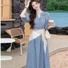 Pure White Moonlight Sweet Wind Blue Plaid Dress Female Summer Japanese Simple College Style Small Fairy Dress
