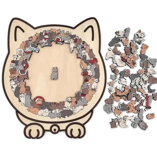 Interactive Family Games Colored Cat Shaped Wooden Jigsaw Puzzle, Creative Desktop Ornament, Unique Animal Shape Intricate Pattern Puzzles Wood