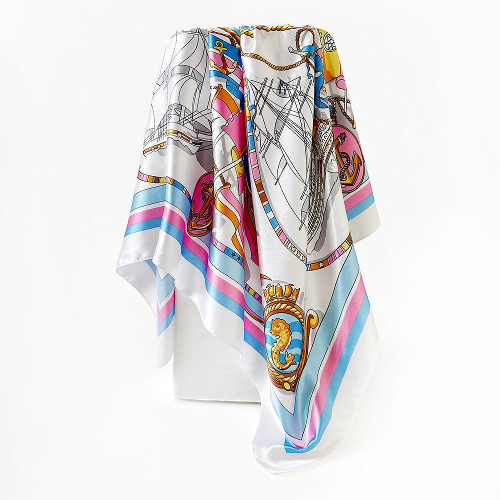 

90*90cm Classic Sailboat Square Scarf WomenShawl Neckerchief Female Print Headband Head Wraps Foulard Hijab Hair Bands 90x90CM