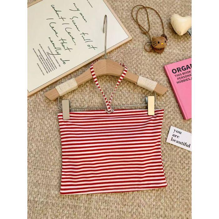 Summer new retro sexy pure desire wind straps neck striped sling vest female slim tube top beauty back top