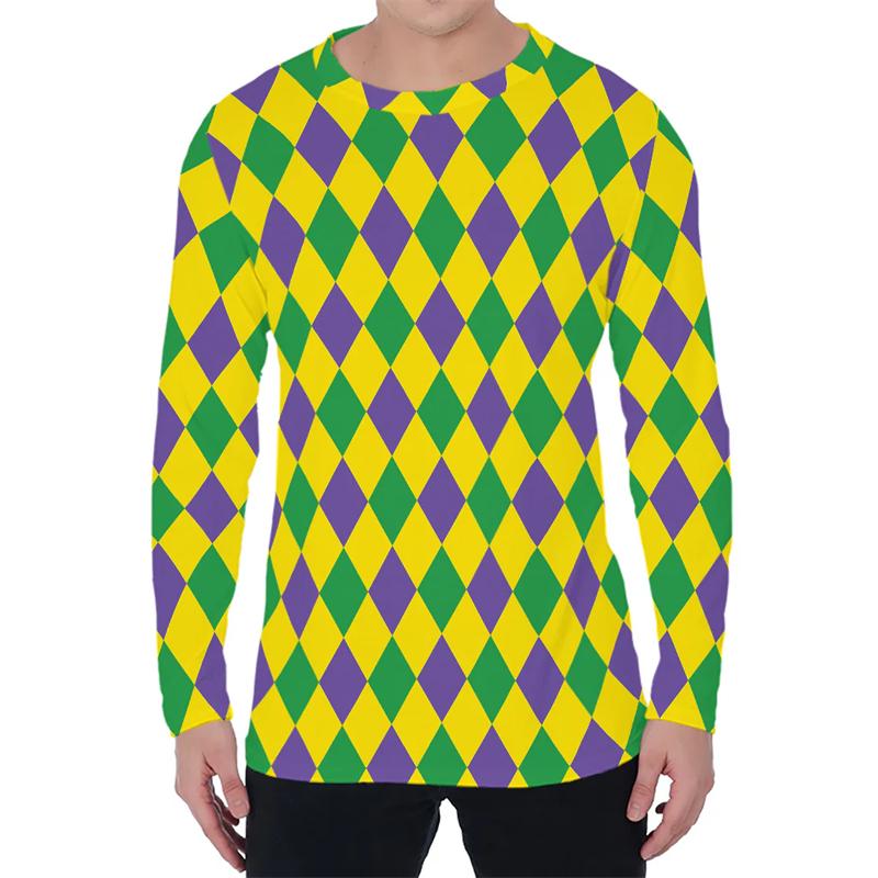 Simple Argyle Pattern Men's T-shirts Fashion Casual 3D Printed Long Sleeve T-shirts Loose Round Neck Streetwear Pullovers