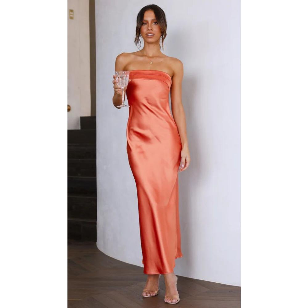 Spring and Summer New Style Elegant Lady Satin Backless Tube Top Dress Print