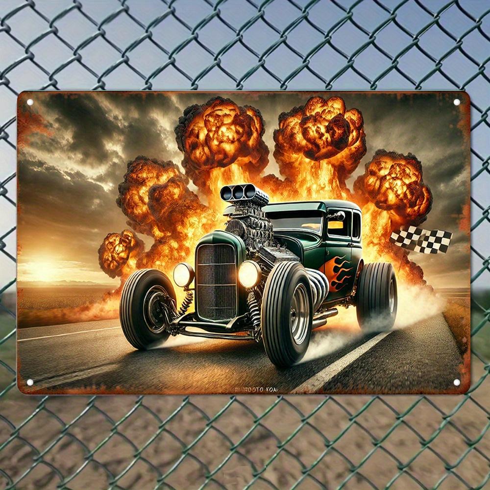Vintage Metal Tin Sign Retro Green Hot Rod Racing Wall Art with FlamesExplosion Design WeatherResistant High Quality Garag