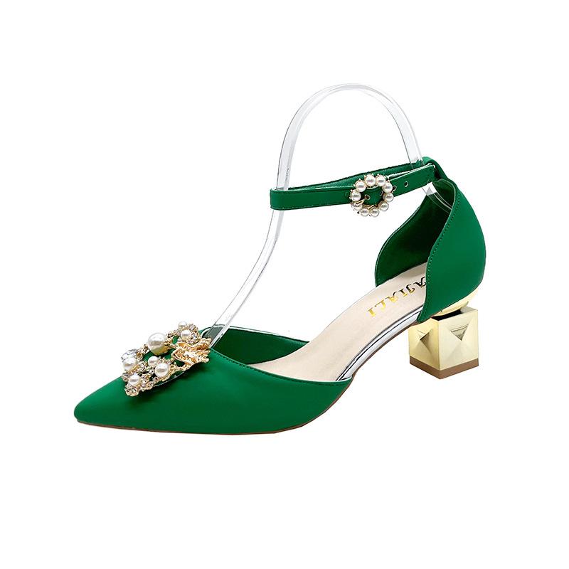 Fashion Bling Crystal High Heels Pumps Women Elegant Pearl Buckle Square Heels Wedding Party Shoes Ladies Pointed Toe Ankle Strap Pumps