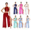 Womens Lyrical Ballet Dance Set Rhinestones Back Hollow-out Tank Top and Mesh Wide Leg Pants Modern Contemporary Dance Costumes